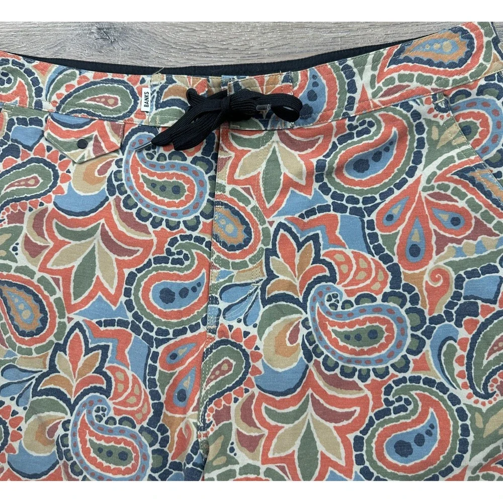 Banks Journal Paisley Board Shorts Mens 34 Muted Orange Blue Green Swim Trunks